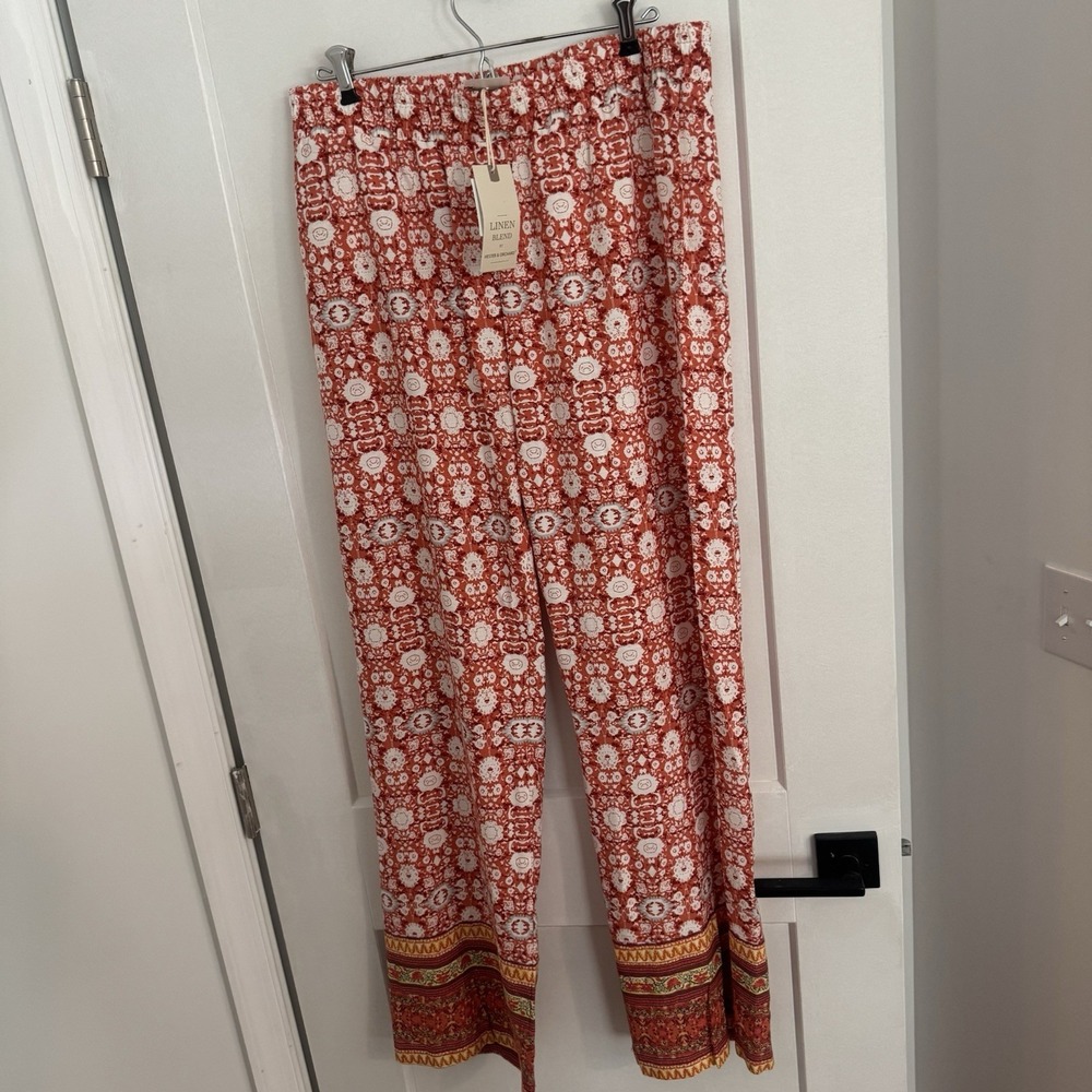 Anthropologie Wide Leg Pants in Rust and White Tile Print